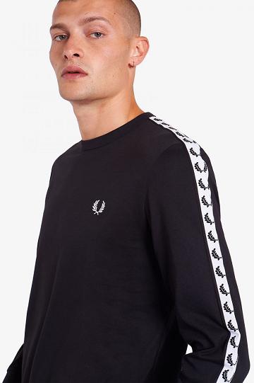 Black Fred Perry Taped Long Sleeve Men's T Shirts | PH 1775OKIR